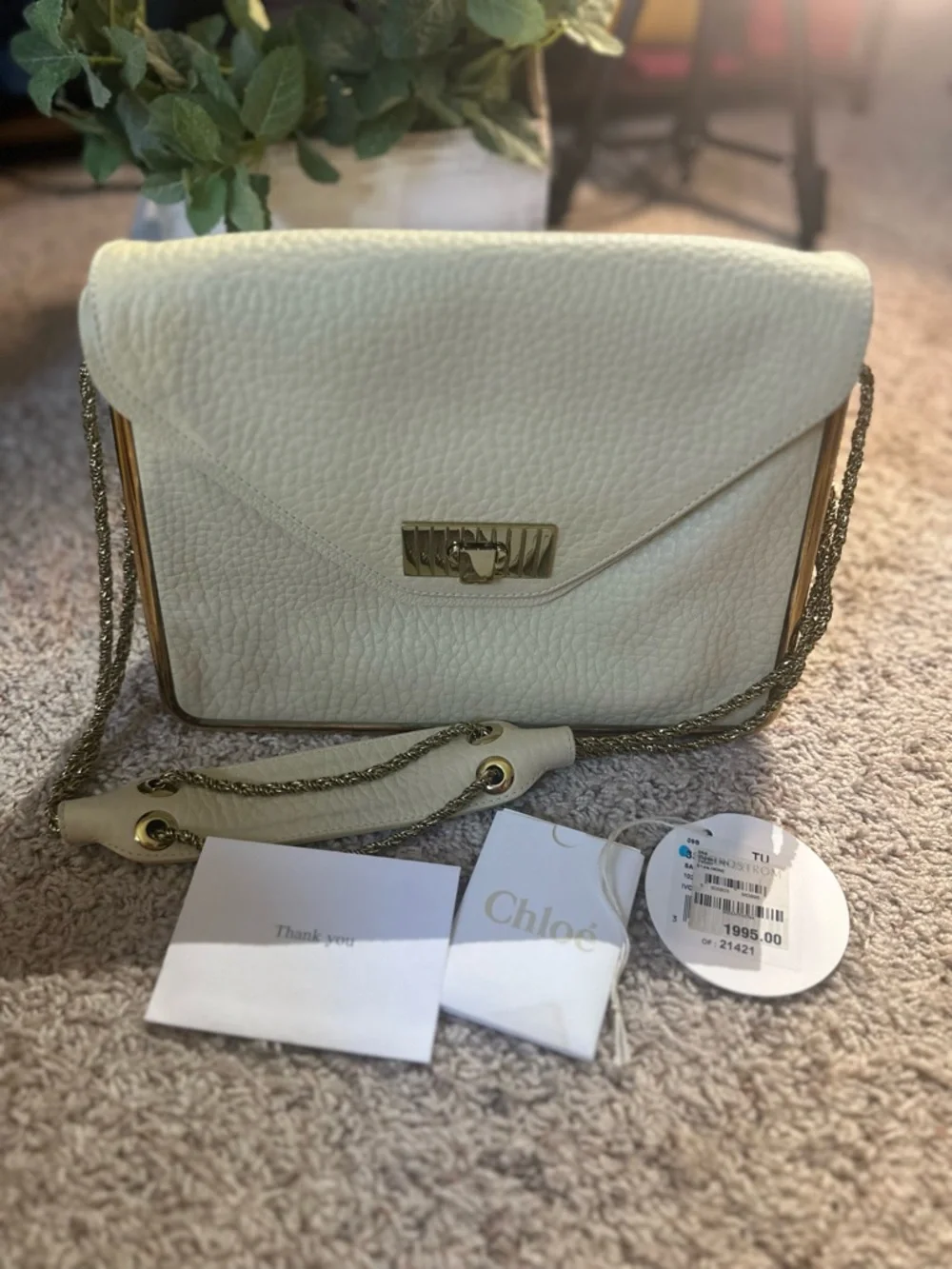 Chloe Cream Leather Shoulder Bag with Gold Chain